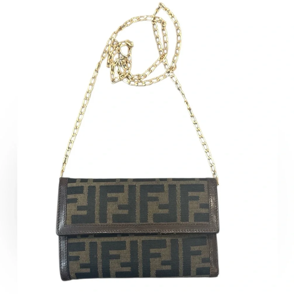 Fendi Black and Brown Monogram Clutch Bag with Gold Chain - Picture 1 of 15